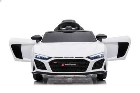 Białe Audi R8 na akumulator z otwieranymi drzwiami – licencjonowany samochód elektryczny dla dzieci.
