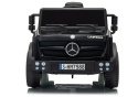 Auto na akumulator Mercedes Unimog HM7588 czarne – widok z przodu, światła LED i licencjonowany design Mercedes-Benz.