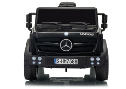 Auto na akumulator Mercedes Unimog HM7588 czarne – widok z przodu, światła LED i licencjonowany design Mercedes-Benz.