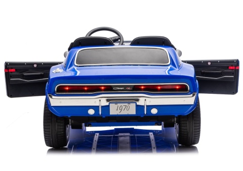 Auto na akumulator Dodge Charger R/T niebieskie z otwieranymi drzwiami i oświetleniem LED.