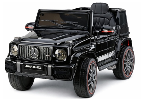 Mercedes AMG G63 na akumulator dla dzieci w kolorze czarnym – widok z przodu pod kątem.
