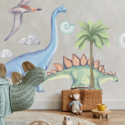 Naklejka na ścianę Dinozaury II w pokoju dziecka – stegozaur, brachiozaur i pterodaktyl w akwarelowym stylu.