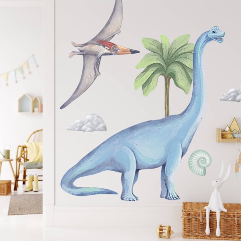Naklejki ścienne Dinozaury II z brachiozaurem, pterodaktylem i palmą do pokoju dziecka.