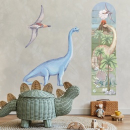 Miarka wzrostu dinozaury na ścianę do pokoju dziecka z brachiozaurem, pterodaktylem, triceratopsem i palmami.