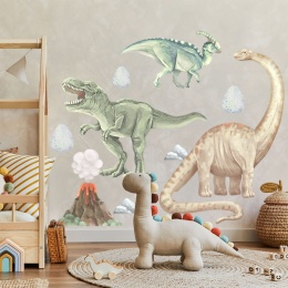 Naklejki na ścianę dinozaury w pokoju dziecka – T-Rex, brachiozaur i akwarelowe dekoracje ścienne.