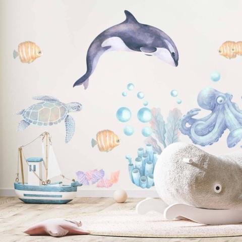 Naklejki oceaniczne dla dzieci z delfinem, ośmiornicą, żółwiem morskim i rybkami na ścianę pokoju dziecka
