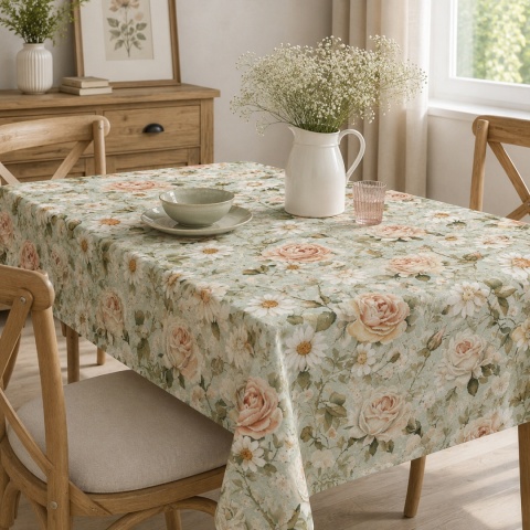Obrus w róże vintage F47 na stole w jasnej jadalni – kwiatowa dekoracja wnętrza