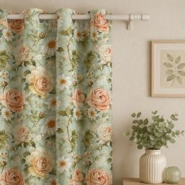 Zasłona Floral F47 róże vintage i margaretki na jasnym tle – dekoracyjna zasłona do salonu i sypialni