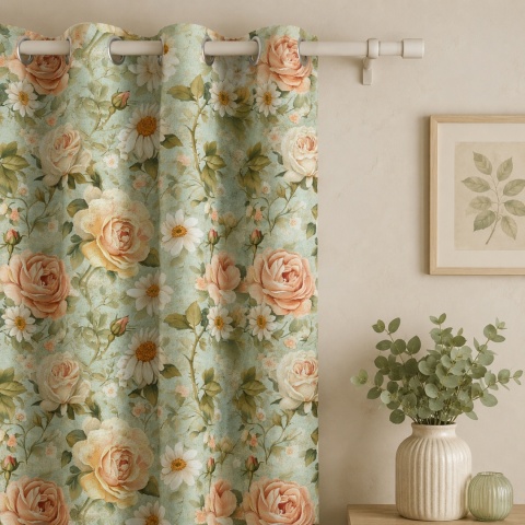 Zasłona Floral F47 róże vintage i margaretki na jasnym tle – dekoracyjna zasłona do salonu i sypialni