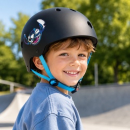 Kask sportowy dziecięcy Stitch czarny z niebieskimi paskami ochronny kask dla dziecka na rower hulajnogę i rolki