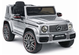 Srebrny Mercedes AMG G63 na akumulator dla dzieci – licencjonowane auto elektryczne z kołami EVA i siedzeniem z ekoskóry.