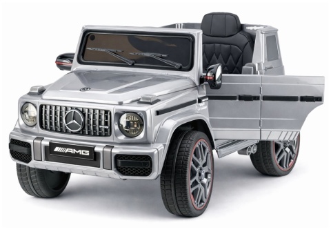 Mercedes AMG G63 na akumulator srebrny – otwierane drzwi i realistyczne detale licencjonowanego samochodu dla dzieci.