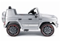 Mercedes AMG G63 na akumulator srebrny – boczny profil pojazdu elektrycznego dla dzieci.