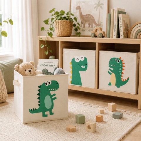 Pojemniki na zabawki z motywem dinozaurów w drewnianym regale Montessori w pokoju dziecka