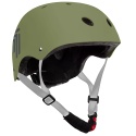 Kask ochronny dziecięcy Army Green widok z przodu pod kątem z paskiem podbródkowym