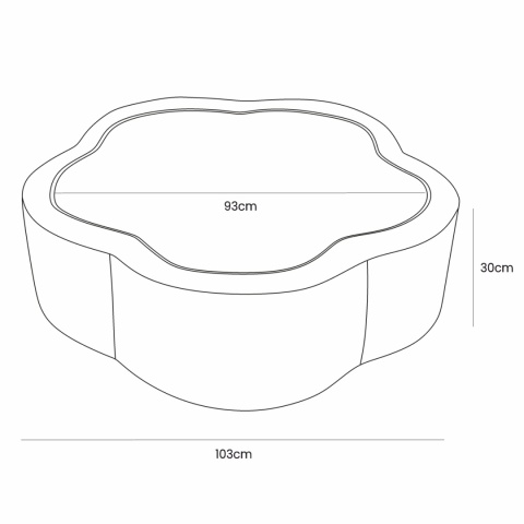 Rysunek techniczny suchego basenu dla dzieci w kształcie kwiatka z wymiarami 103 × 30 cm oraz średnicą wewnętrzną 93 cm