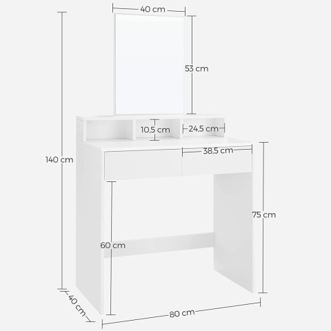 Wymiary białej toaletki z lustrem i dwiema szufladami 80x40x140 cm