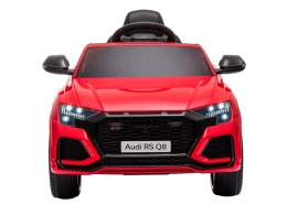 Czerwone Audi RS Q8 na akumulator dla dzieci – widok z przodu, światła LED i sportowy grill