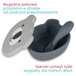 Szara miska silikonowa Miś Tum Tum z pokrywką i łyżeczką dla dzieci do przechowywania i karmienia