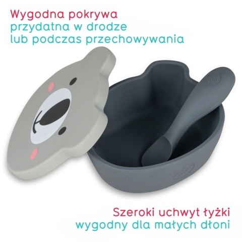 Szara miska silikonowa Miś Tum Tum z pokrywką i łyżeczką dla dzieci do przechowywania i karmienia