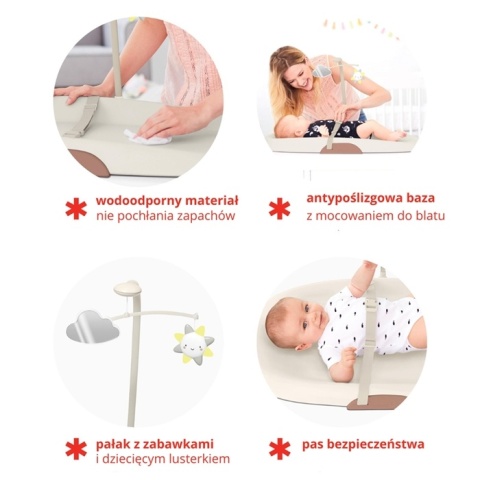 Najważniejsze funkcje maty do przewijania Shnuggle Squishy Ivory z pałąkiem i pasem bezpieczeństwa
