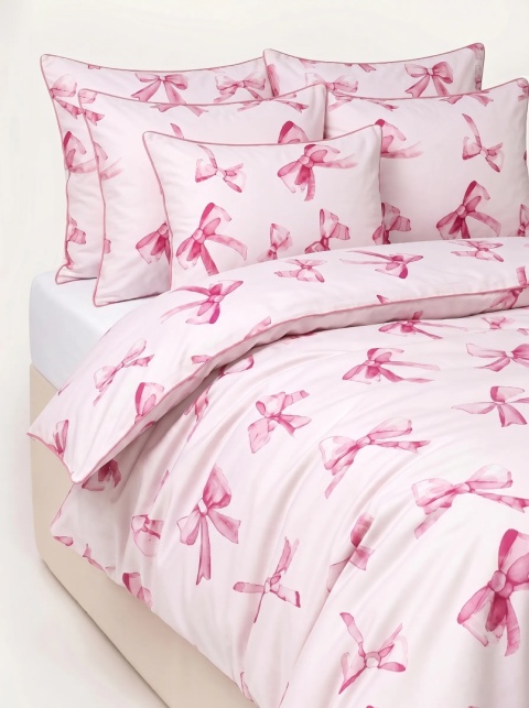 Pościel satynowa bawełniana z różowymi kokardkami Bow Pink – komplet pościeli