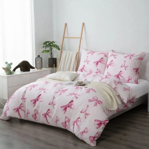 Komplet pościeli Bow Pink z delikatnym wzorem różowych kokardek
