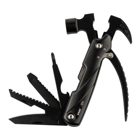 Multitool z młotkiem, nożem, piłą i śrubokrętem – narzędzie wielofunkcyjne na białym tle