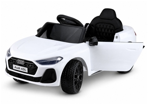 Audi A5L na akumulator dla dziecka z otwieranymi drzwiami – biały samochód elektryczny.