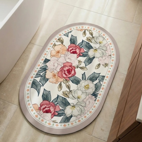 Dywanik dekoracyjny FLORAL 50x80 cm z kwiatowym wzorem we wnętrzu łazienki