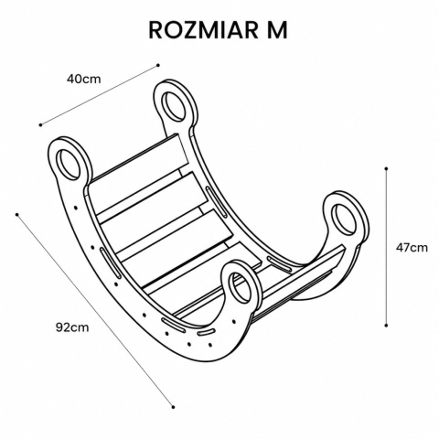 Dream Rocker MeowBaby rozmiar M – schemat wymiarów drewnianego bujaka Montessori dla dzieci 92 x 40 x 47 cm