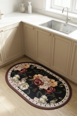 Dywanik uniwersalny dekoracyjny FLORAL Dark 50x80 cm w kuchni z kwiatowym wzorem i antypoślizgowym spodem.