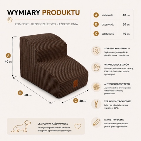 Schodki dla psa Milano Brown – wymiary 40x60x40 cm oraz najważniejsze cechy produktu