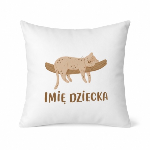 Biała poduszka dla dziecka z imieniem – dziki kot Wild Safari, personalizowana poduszka dekoracyjna do pokoju dziecka.