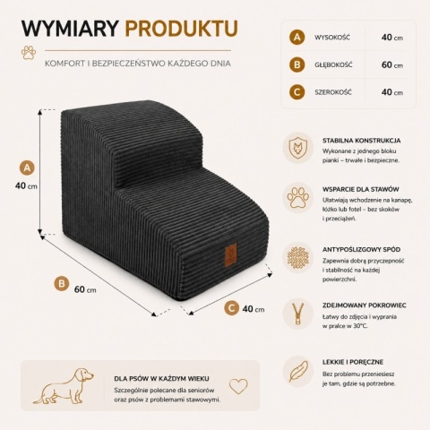 Schodki dla psa Milano Dark Grey 60x40x40 cm – wymiary i najważniejsze cechy produktu