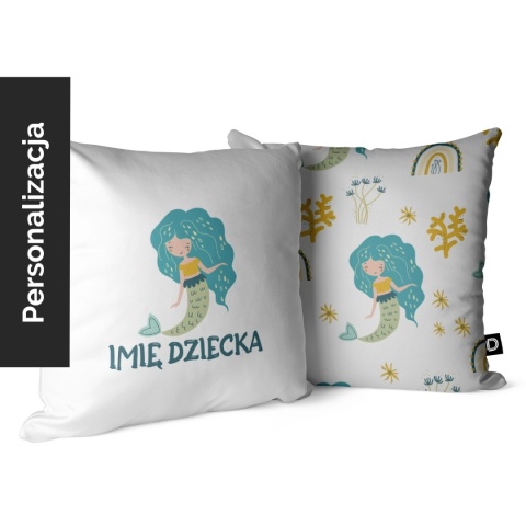 Biała personalizowana poduszka dla dziecka z imieniem i motywem syrenki z kolekcji OCEAN DREAM. Dwustronna welwetowa poduszka