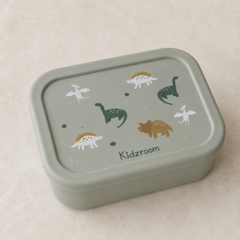 Zielony lunchbox silikonowy dla dzieci z motywem dinozaurów