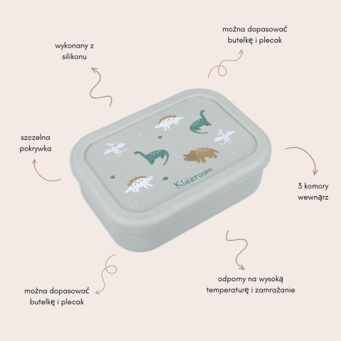 Lunchbox silikonowy Kidzroom z dinozaurami – szczelna pokrywka i trzy komory
