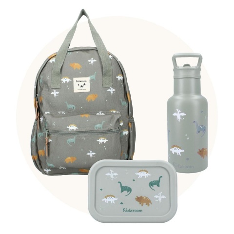 Zestaw Kidzroom z dinozaurami – lunchbox, bidon i plecak dla dzieci