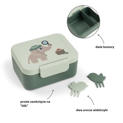 Zielony lunchbox Done by Deer Elphee z dwiema komorami, zamknięciem klik i widelczykami Birdee