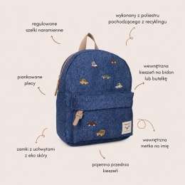 Plecak dziecięcy Kidzroom Cars Blue Jeans – regulowane szelki, kieszeń na bidon i pojemna przednia kieszeń