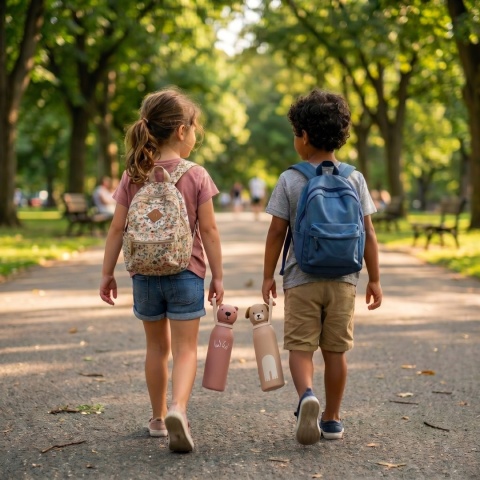 Dzieci z butelkami termicznymi ZAZU Fun Miś 400 ml na spacerze