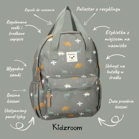 Plecak dziecięcy Kidzroom w dinozaury – funkcjonalny plecak z regulowanymi szelkami i kieszeniami.