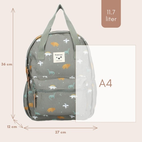 Plecak dziecięcy Kidzroom w dinozaury – pojemny plecak A4 dla dziecka o pojemności 11,7 l.