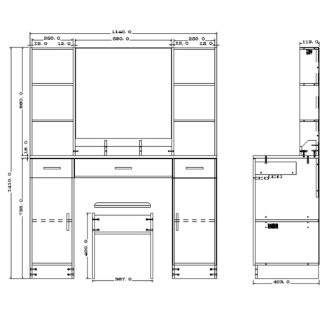 Wymiary białej toaletki kosmetycznej z lustrem LED 141 x 114 x 39 cm