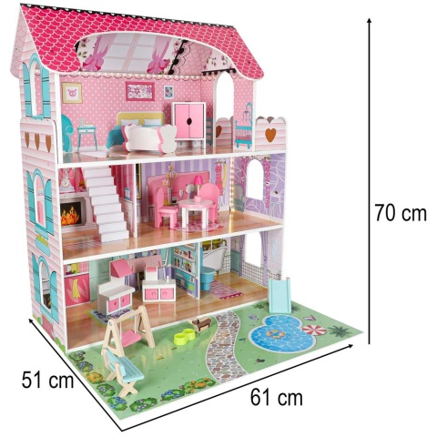 Drewniany domek dla lalek z ogródkiem – wymiary 70 × 61 × 51 cm