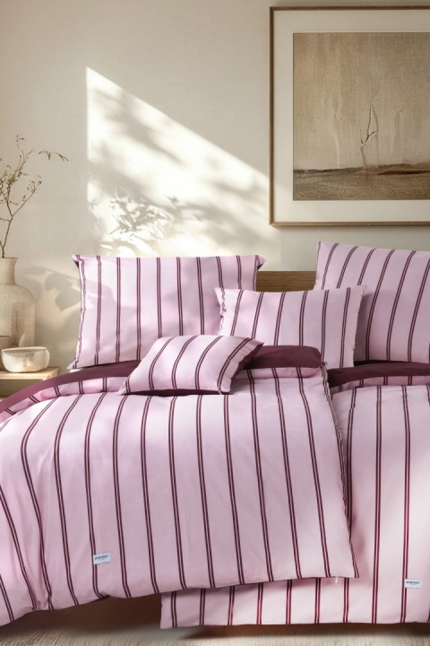 Pościel z satyny bawełnianej LINE Burgund Róż w różowo-bordowe paski