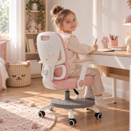 Różowe ergonomiczne krzesło do biurka dla dziecka z regulacją, podnóżkiem i podłokietnikami