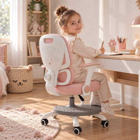 Różowe ergonomiczne krzesło do biurka dla dziecka z regulacją, podnóżkiem i podłokietnikami
