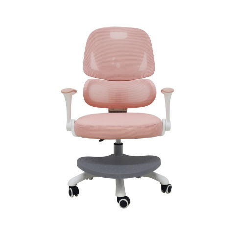 Różowe ergonomiczne krzesło do biurka dla dziecka z podłokietnikami i podnóżkiem